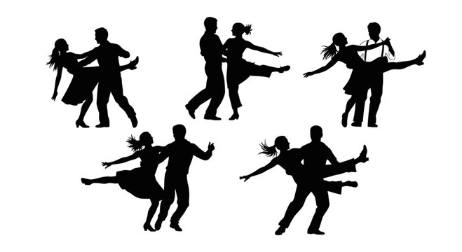 Silhouettes of couples dancing swing dance, dynamic poses