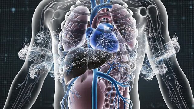 Intricate 3D Render of Human Anatomy Showcasing Heart and Lungs with Dynamic Glow Effects for Medical and Health Visualization