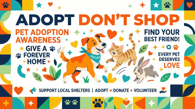 Adopt Don't Shop: Pet Adoption Awareness Banner with Dog, Cat, Rabbit