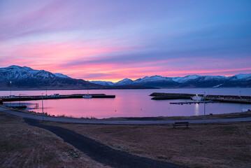 Fototapeta premium sunset on island of Hrisey in Iceland