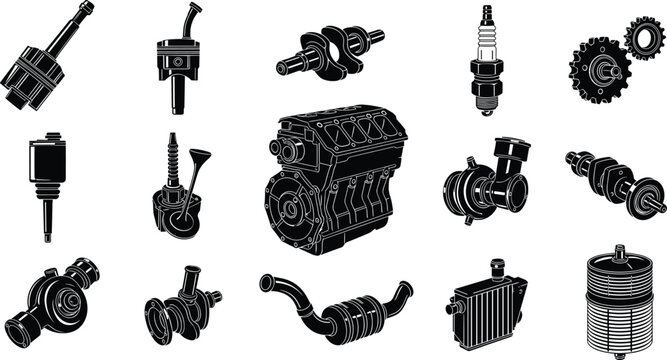 Automotive engine parts silhouette collection, mechanical vehicle components, vector illustration