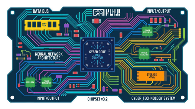 Cyberpunk Circuit Board with Quantum Computer Chip and Neural Network