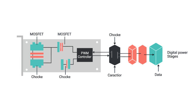 Digital Power Stage Circuit Diagram: MOSFETs, Chokes, PWM Controller, and Data Flow