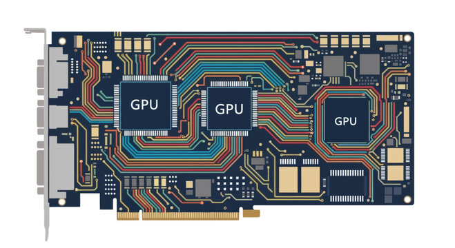 Advanced GPU circuit board with multiple processors and colorful connections