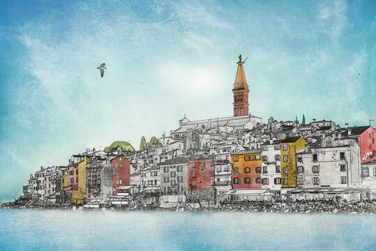 sketch of old town architecture of Rovinj, Croatia. Old town harbor, famous city of Istria Peniunsula, Adriatic Sea coastline.