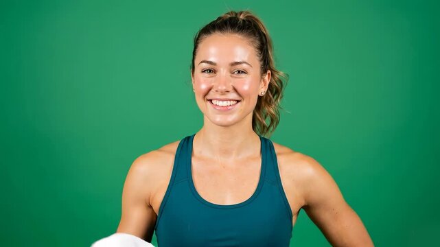 Medium close-up portrait of a fit, smiling young woman in a sports bra gently dabbing her face with a towel after a workout. Set against a solid green backdrop, perfect for fitness app campaigns, skin
