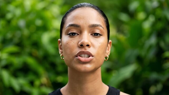 A young woman with her hair pulled back speaks directly into the camera with a natural background of green foliage. This professional talking-head footage style is perfect for corporate interviews, vi