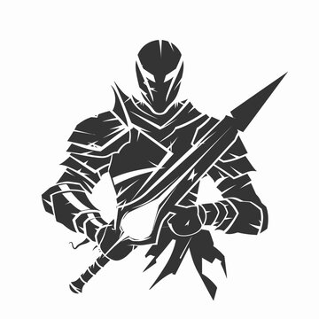 Powerful Armored Knight Silhouette Holding a Broadsword Icon. Stylized Medieval Fantasy Warrior Graphic Element.