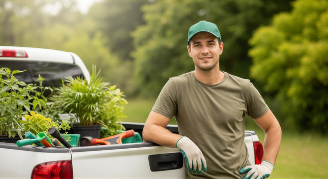Portrait of a smiling young gardener leaning on the back of a pickup truck filled with potted plants and gardening tools in a garden