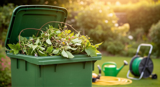Green garden waste bin filled with weeds and plant trimmings in a sunny backyard with gardening tools in the background