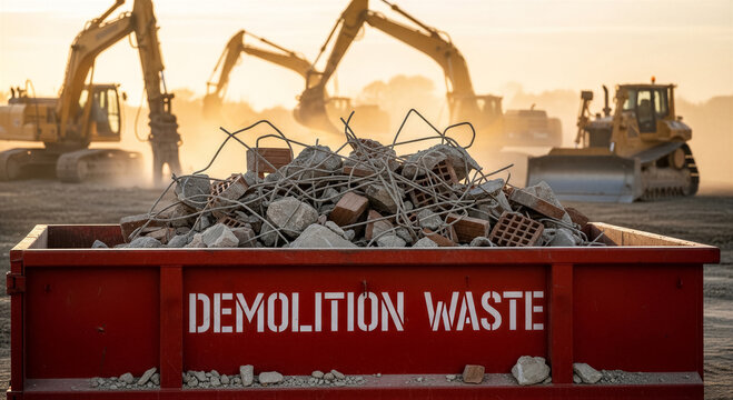 Demolition waste in a red dumpster at a construction site with heavy machinery in the background at sunset