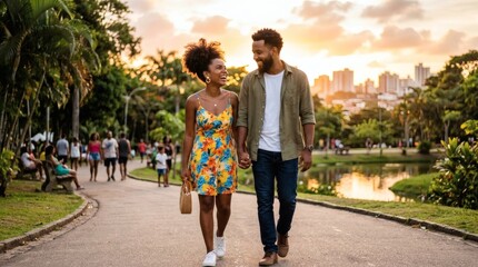 Obraz premium Afro-Brazilian couple walking in the park