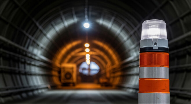 Orange and white traffic delineator post with a flashing light in a dark tunnel, construction safety equipment for road work