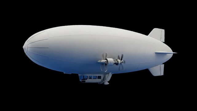 A detailed 3D render of a massive white sci-fi blimp airship or dirigible hovering in mid-air with its mechanical propeller engines spinning. The stealth aviation vehicle asset is isolated on a black 