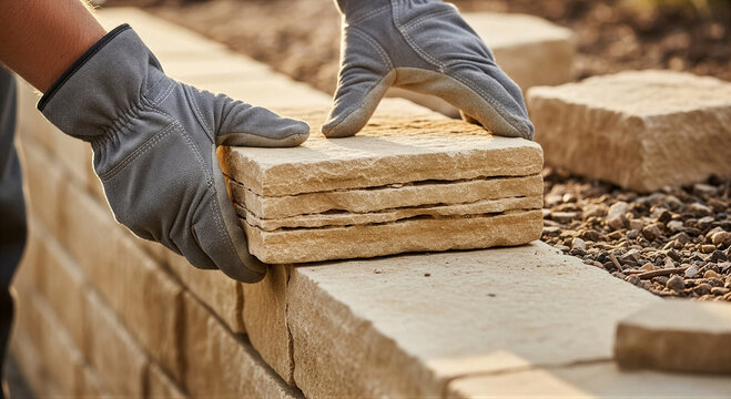 Closeup of a construction workers hands in work gloves placing a natural stone block on a retaining wall in a garden landscape