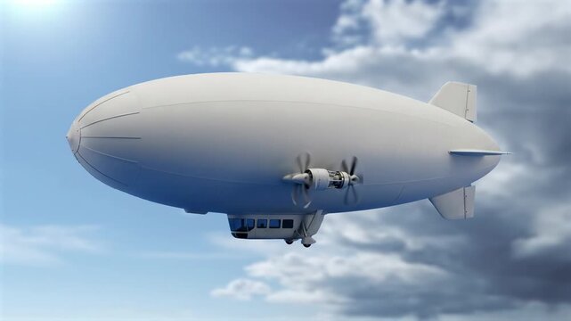 A white modern passenger blimp airship flying forward with spinning propellers against a bright cloudy sky. This realistic 3D animation loop is ideal for travel promos, advertising, and futuristic tra