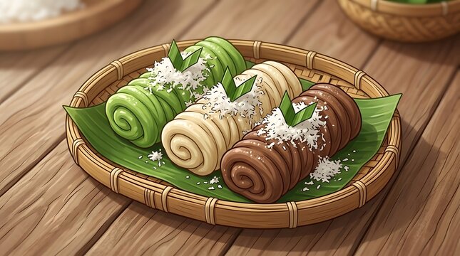 Colorful Gethuk Lindri cassava rolls with grated coconut on a banana leaf and woven bamboo tray.