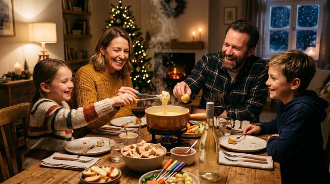 Family enjoying a Christmas dinner with cheese fondue by the fireplace and Christmas tree