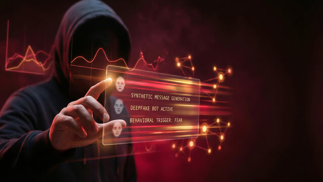 Hooded silhouette touching glowing radiant deepfake bot synthetic message generation card with sparkling behavioral trigger alert Perfect for advertising presentation background cybersecurity
