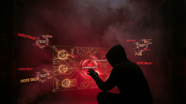 Hooded silhouette reaching toward glowing radiant AI manipulation voter registration sphere with sparkling election vote tally warnings Perfect for advertising presentation background cybersecurity