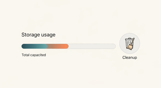 A screenshot displays a storage usage graph with a cleanup option.