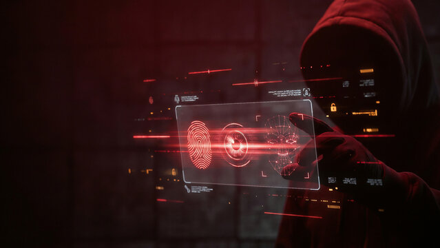 Red hooded silhouette holding glowing radiant biometric authentication tablet with sparkling fingerprint iris face recognition holograms Perfect for advertising presentation background cybersecurity
