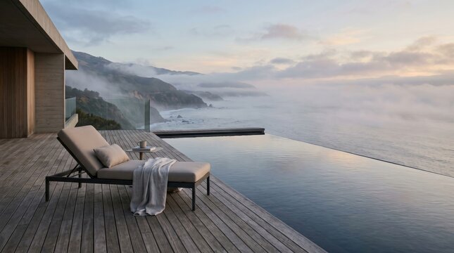 Infinity pool on wooden deck overlooking misty ocean cliff at sunset. Luxury travel resort lounge area with sunbed. Relaxing summer vacation landscape scene for high end hotel hospitality concept