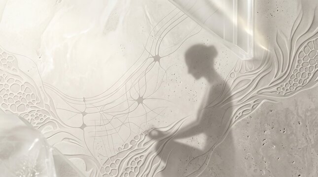 Shadow of a woman meditating over neural network patterns. Futuristic concept of neurotech and artificial intelligence, copy space