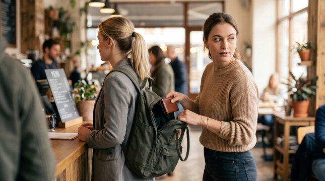 Woman stealing wallet from backpack of another woman in cafe. Thief picking pocket of customer at counter. Crime, safety, security concept. Unauthorized act of stealing in public place. Social safety