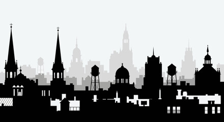 Fototapeta premium Black and white skyline silhouette with various buildings and structures