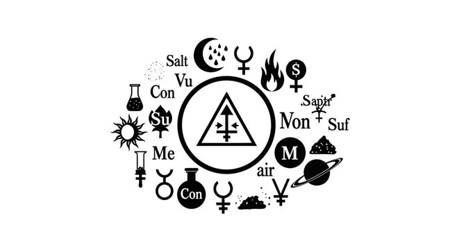 Conceptual illustration of alchemy symbols and glyphs isolated on white