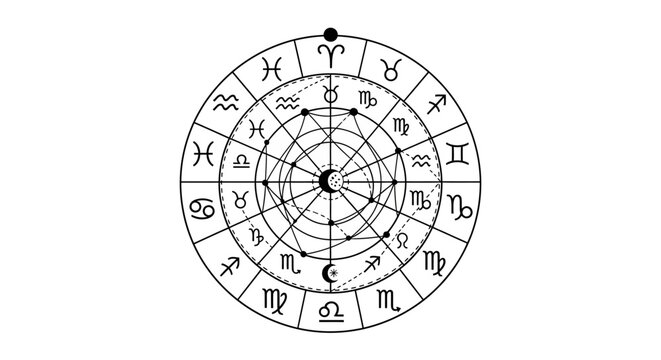 Astrological wheel diagram with zodiac signs and symbols on white background