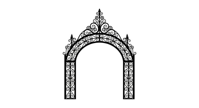 Elegant wrought iron archway illustration on white background for design