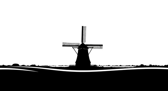 Silhouette of a windmill against a white sky in a simple black and white design