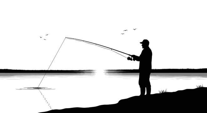 Silhouette of a fisherman casting a line at sunrise or sunset over water