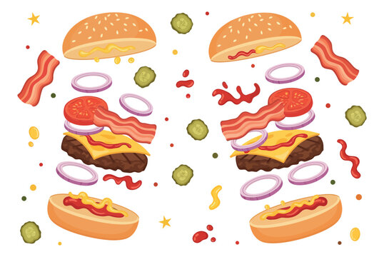 Cartoon illustration set of 2 exploded burgers depicting flying ingredients with bun, patty, bacon, cheese, tomato and onion for food design