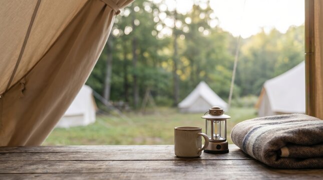Cozy Glamping Tent Interior View with Coffee Mug and Lantern for Luxury Camping Lifestyle Concept