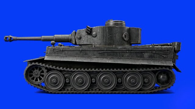 A classic mid-20th century German heavy tank with textured iron plates moving forward in a side view. This animated combat vehicle loop is seamlessly composited against a bright blue sky with subtle a