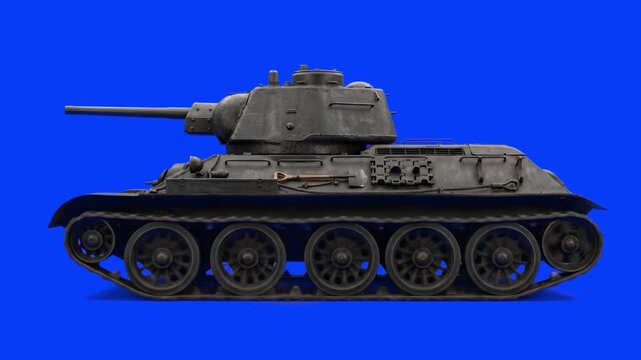 A detailed model of the legendary T-34 medium tank is isolated against a blue background, showcasing its historical armor design and turret. This asset is ideal for projects related to military histor