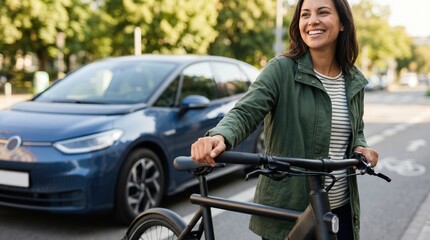 Obraz premium Smiling Young Woman Standing with Bicycle on City Street Commuting Concept for Sustainable Urban Transportation