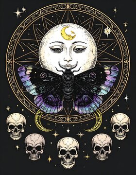 Mystical Moon Face with Dark Butterfly and Skulls in Celestial Occult Design