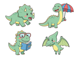Cute cartoon dinosaur character collection featuring diverse activities on white background © naydesignsco