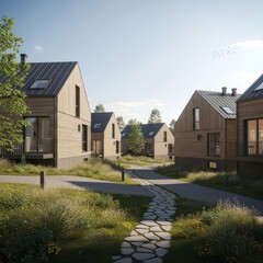 Obraz premium Modern Scandinavian residential houses in a serene natural forest landscape.