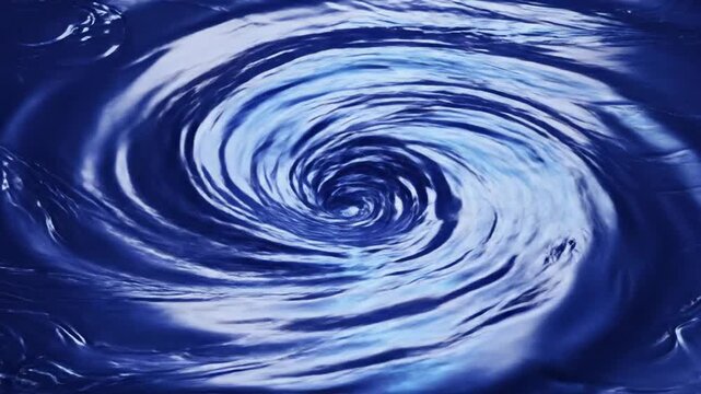 Powerful blue liquid whirlpool vortex spinning in a circular motion with reflective waves