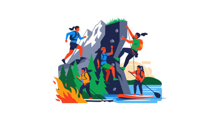 Diverse Outdoor Adventure Activities: Rock Climbing, Running, Kayaking, Hiking © flat
