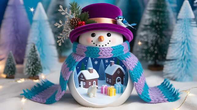 Festive snowman diorama with blue tit bird and pine cone decoration