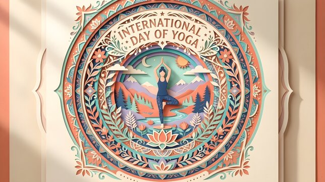 International Day of Yoga Paper Cut Art Illustration with Layered Mandala, Lotus Design and Event Typography