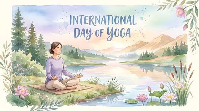 International Day of Yoga Watercolor Illustration with Peaceful Lakeside Meditation and Hand Lettered Title