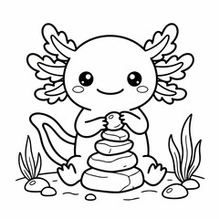 Cute Kawaii Axolotl Stacking Balanced Stones Line Art Illustration