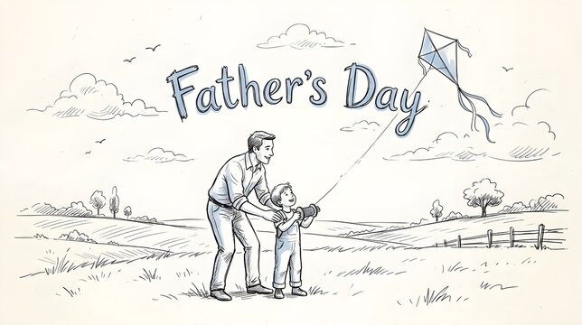 Father&rsquo;s Day Hand Drawn Sketch Illustration of Father Teaching Child to Fly a Kite with Lettering